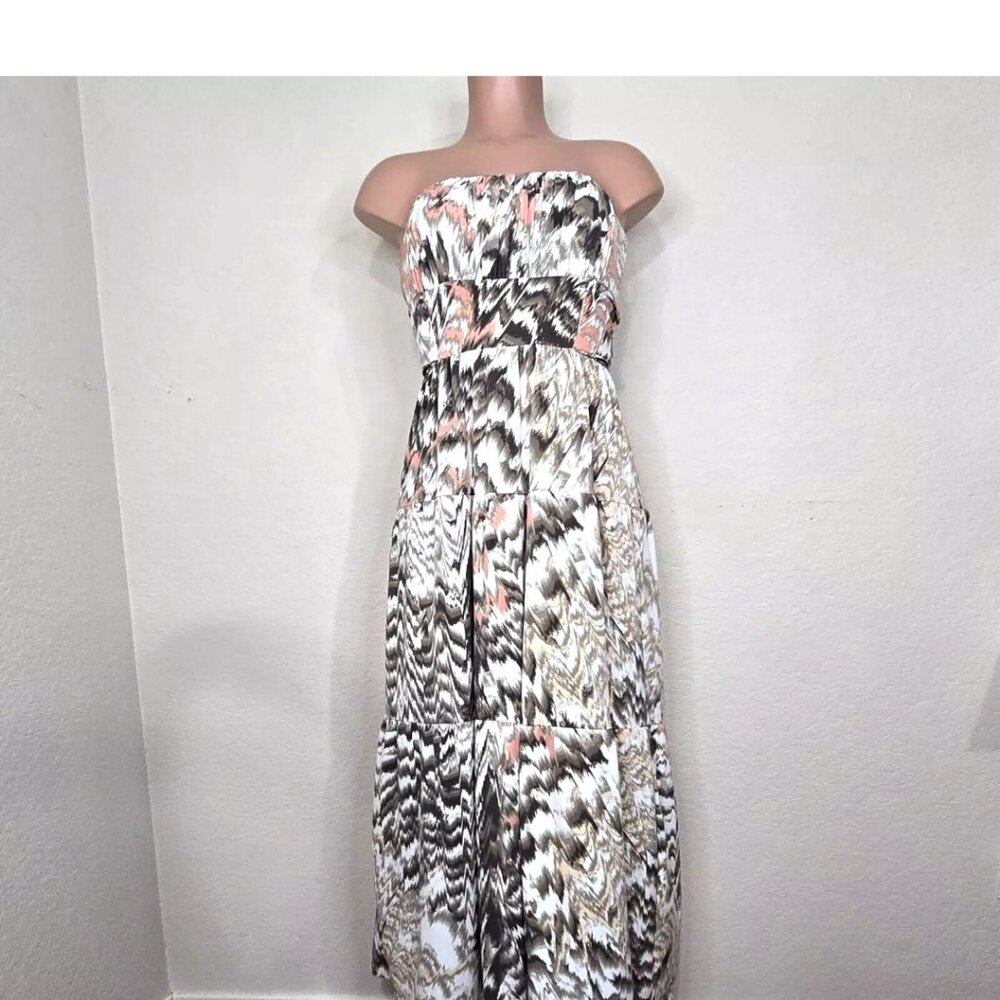 Boston Proper Strapless Maxi Dress Tie Back Brown Pink White Jersey